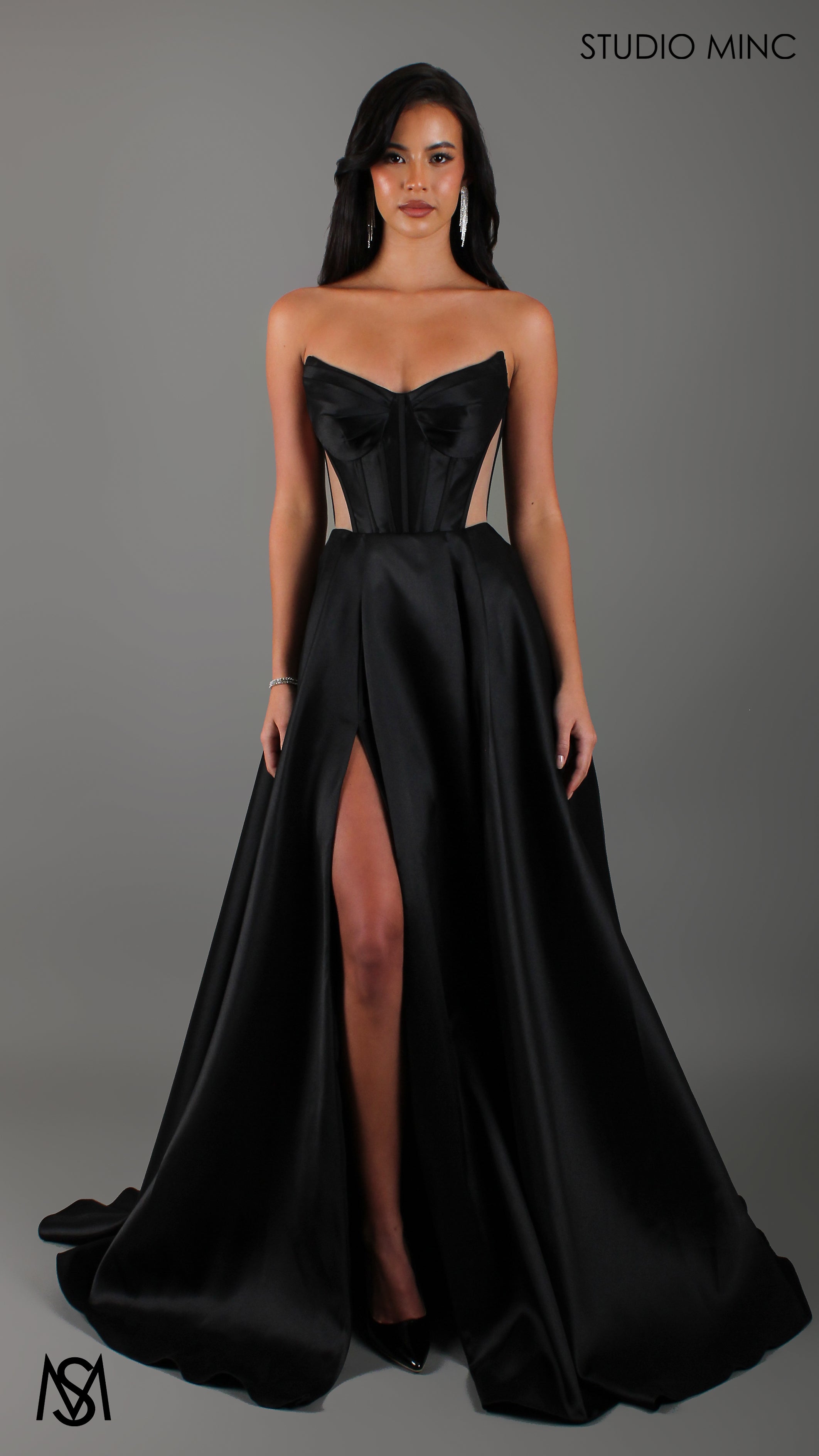 Lunar - Black Formal Dress, satin strapless boned corset net cut outs lace up gown pockets leg slit