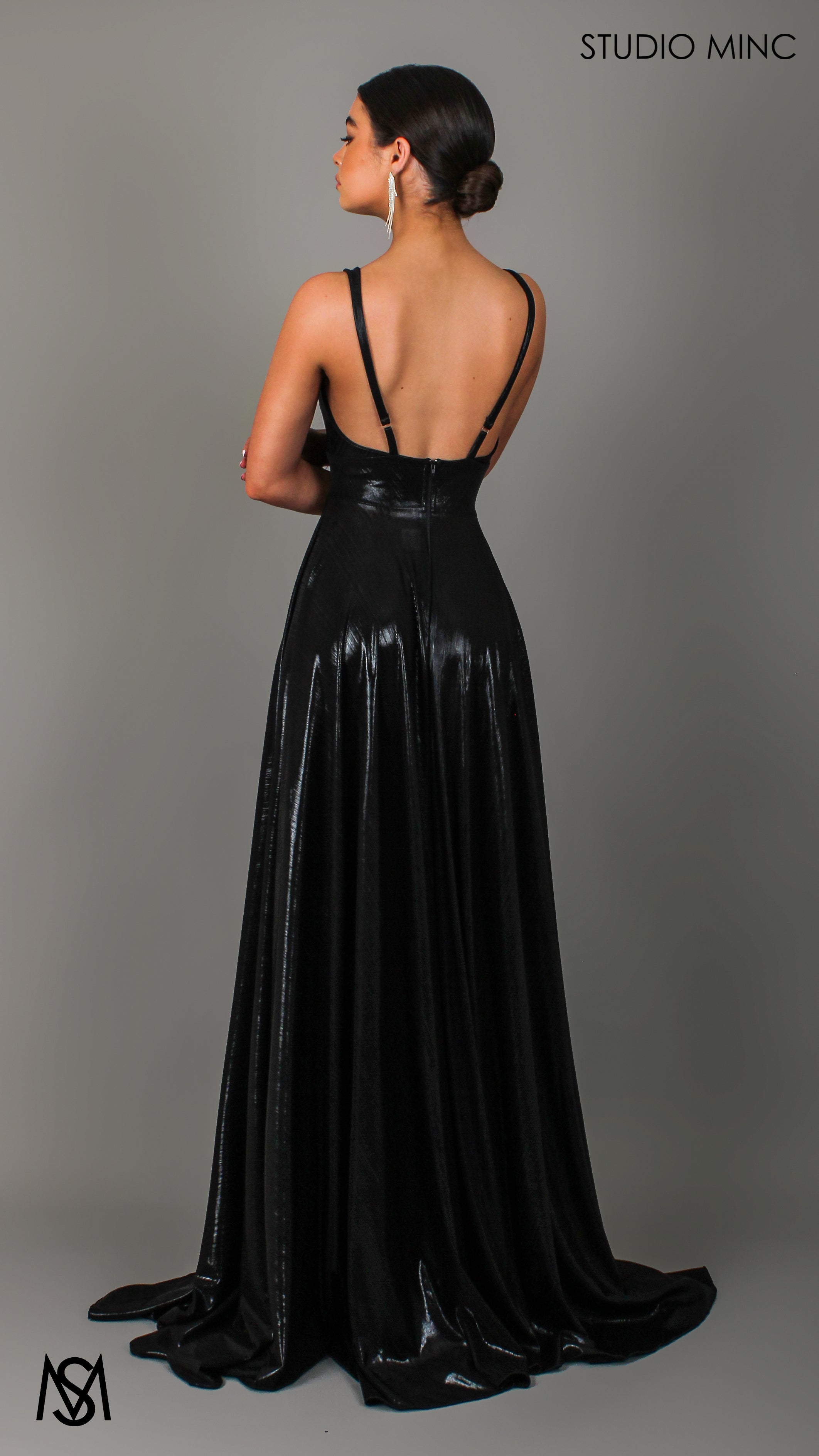 Lustre - Black Formal Dress, Metallic V Plunge Neckline with leg Split