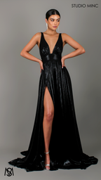 Lustre - Black Formal Dress, Metallic V Plunge Neckline with leg Split