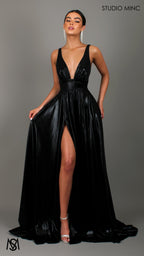 Lustre - Black Formal Dress, Metallic V Plunge Neckline with leg Split