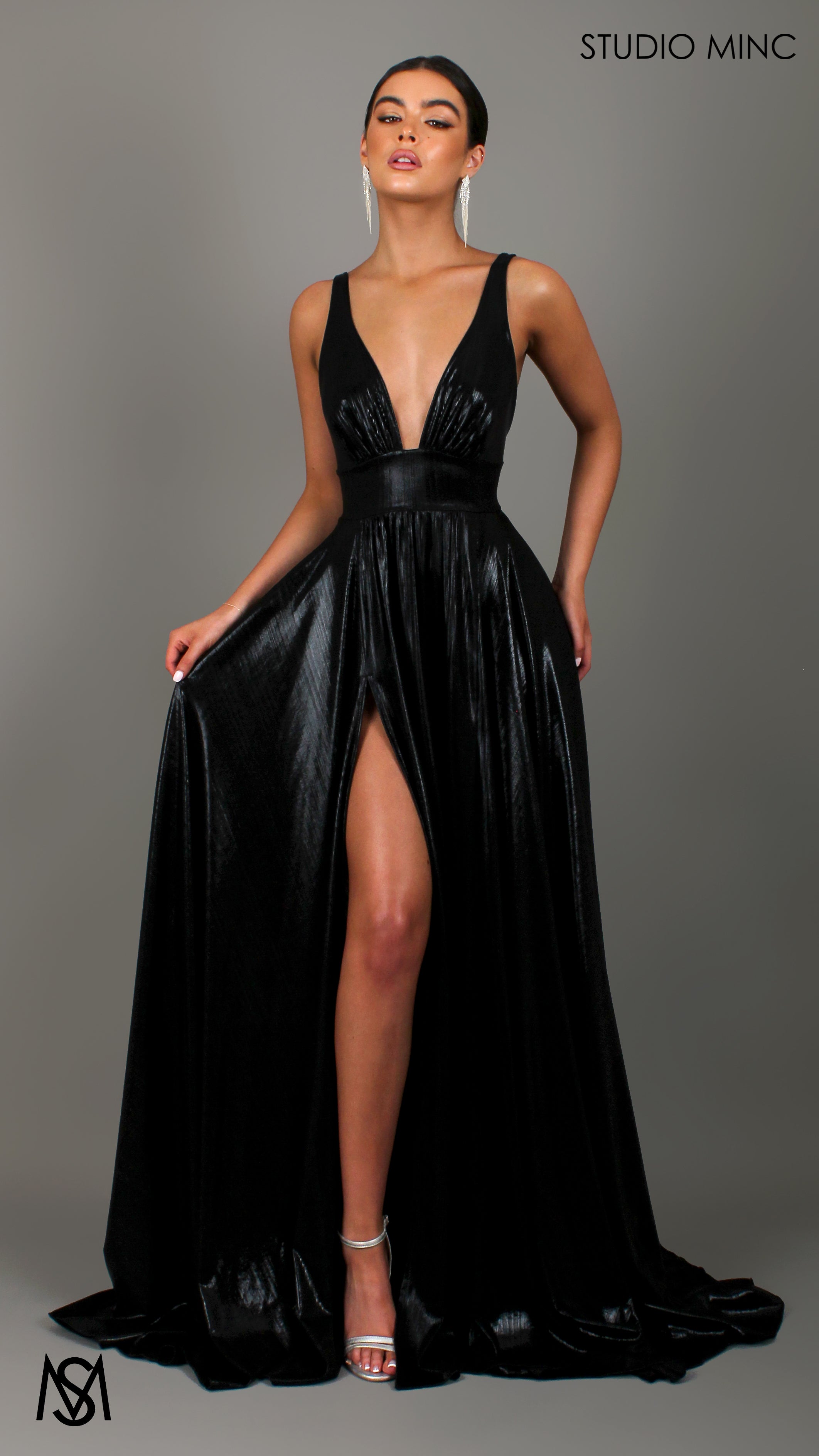 Lustre - Black Formal Dress, Metallic V Plunge Neckline with leg Split