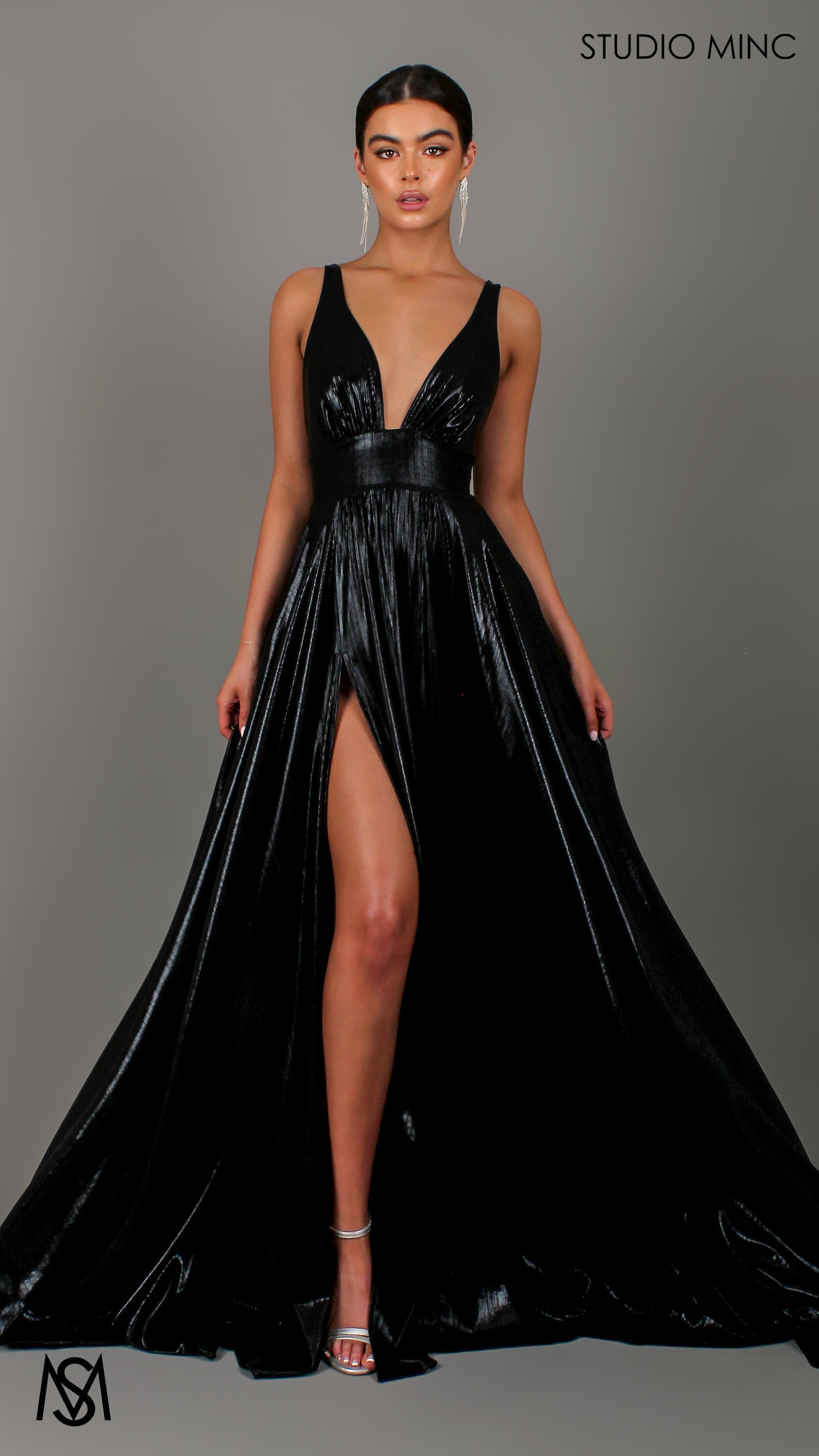 Lustre - Black Formal Dress, Metallic V Plunge Neckline with leg Split