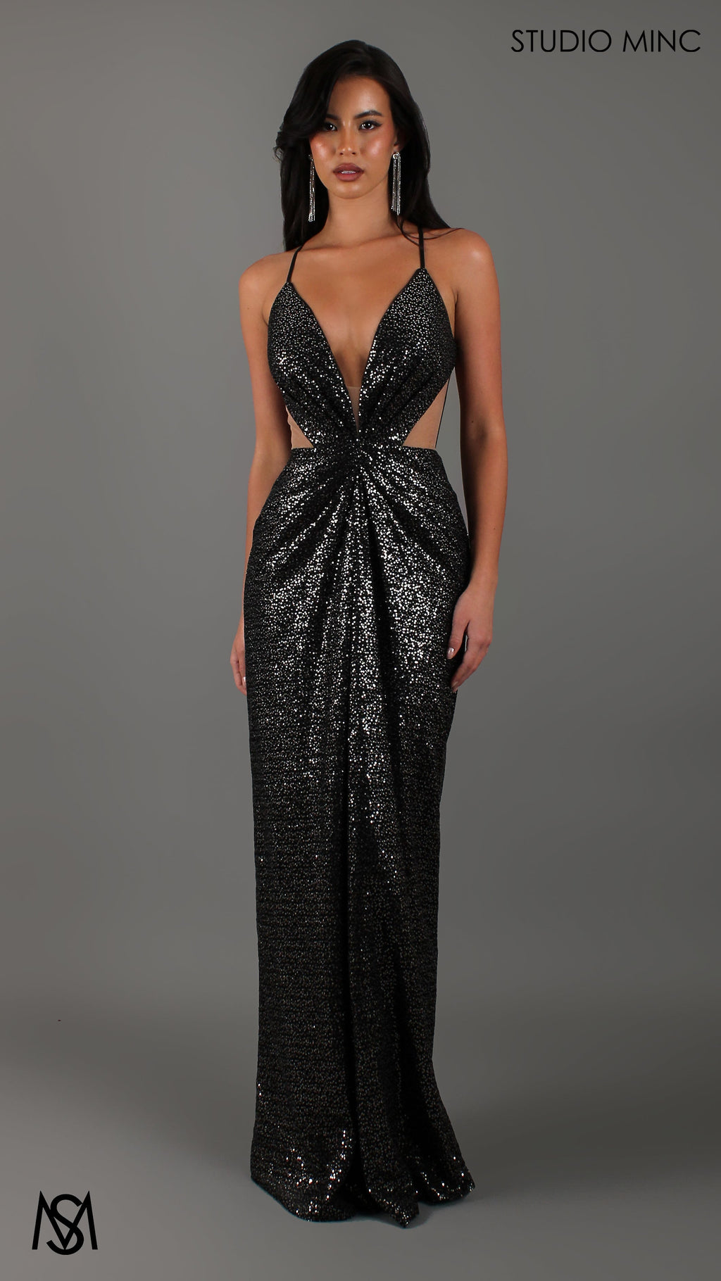 Nightfall - Black Formal Dress, Sequin net plunge V neckline, cut outs backless lace up