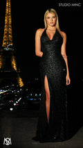 Rendezvous - Black Formal Dress, Sequin and beaded Cowl Plunge halter neck, fitted silhouette high leg slit
