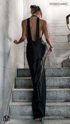 Suave - Black Formal Dress, Halter Neck Cowl fitted backless leg slit with scarf