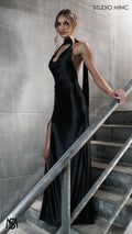 Suave - Black Formal Dress, Halter Neck Cowl fitted backless leg slit with scarf