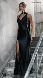 Suave - Black Formal Dress, Halter Neck Cowl fitted backless leg slit with scarf