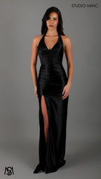 Suave - Black Formal Dress, Halter Neck Cowl fitted backless leg slit with scarf