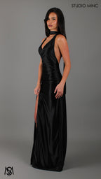 Suave - Black Formal Dress, Halter Neck Cowl fitted backless leg slit with scarf