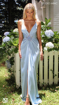 Bloom - Light Blue Formal dress | Plunge V neckline draping floral pearl detail