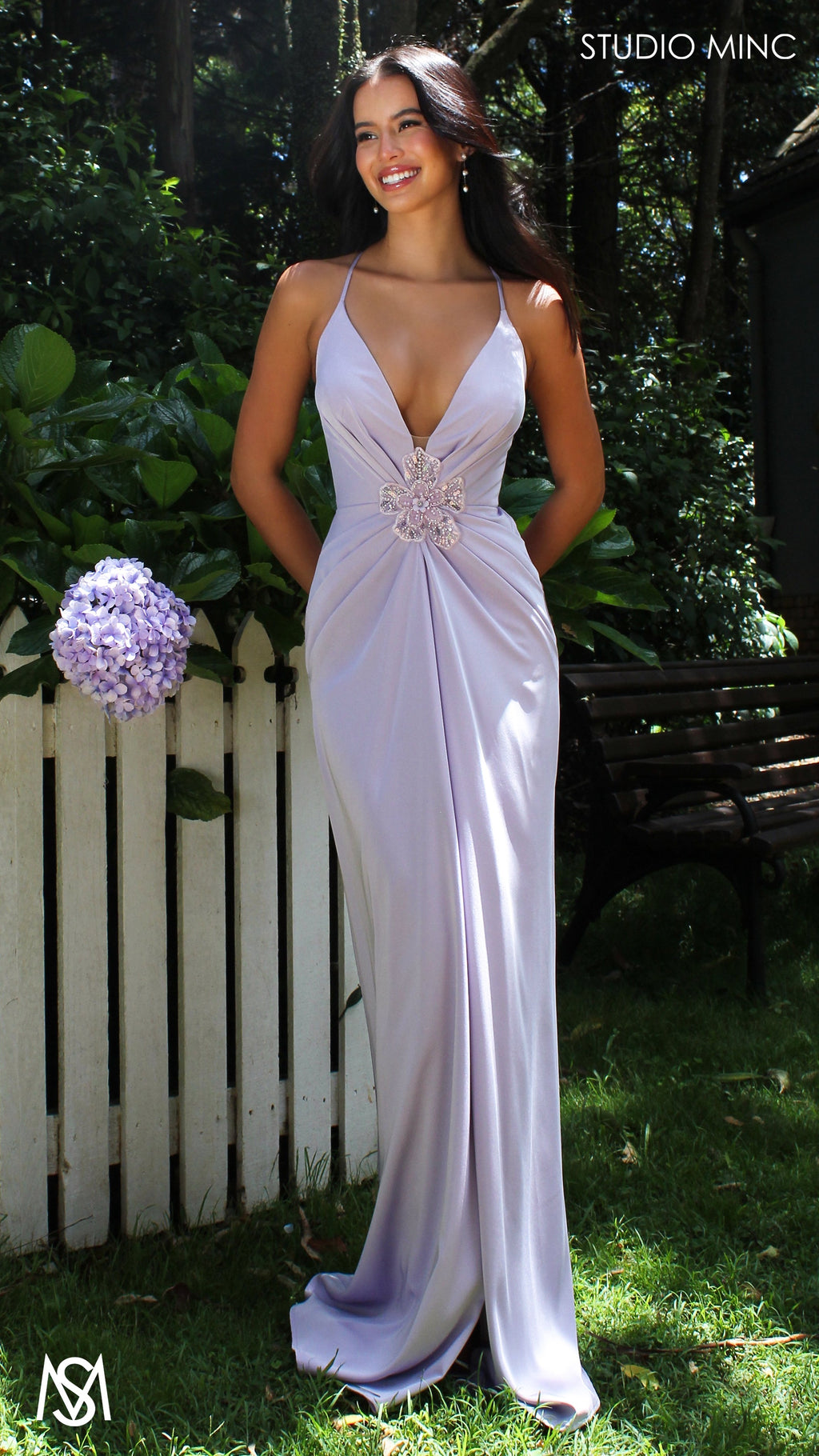 Bloom - Lavender Purple Formal dress | Plunge V neckline draping floral pearl detail