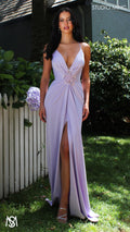 Bloom - Lavender Purple Formal dress | Plunge V neckline draping floral pearl detail