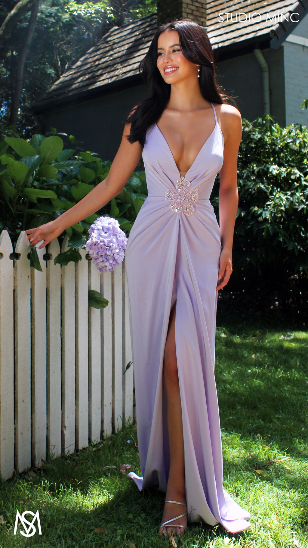 Bloom - Lavender Purple Formal dress | Plunge V neckline draping floral pearl detail
