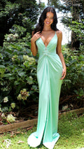 Bloom - Mint Green Formal dress | Plunge V neckline draping floral pearl detail