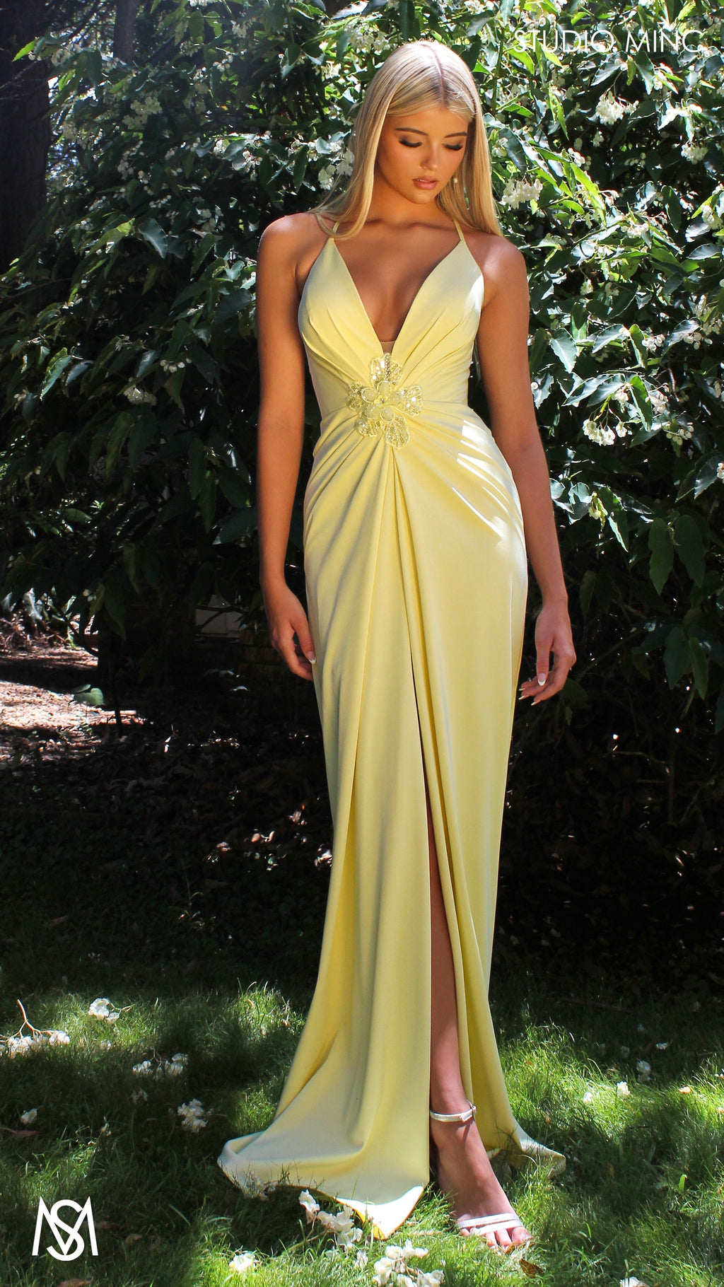 Bloom - Light Yellow Formal dress | Plunge V neckline draping floral pearl detail