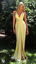 Bloom - Light Yellow Formal dress | Plunge V neckline draping floral pearl detail