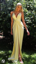 Bloom - Light Yellow Formal dress | Plunge V neckline draping floral pearl detail