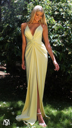 Bloom - Light Yellow Formal dress | Plunge V neckline draping floral pearl detail