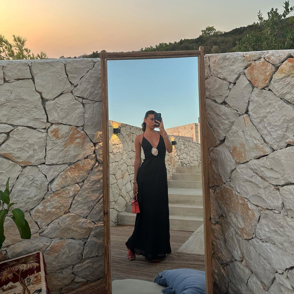 Blossom Bliss Black Backless Maxi Dress