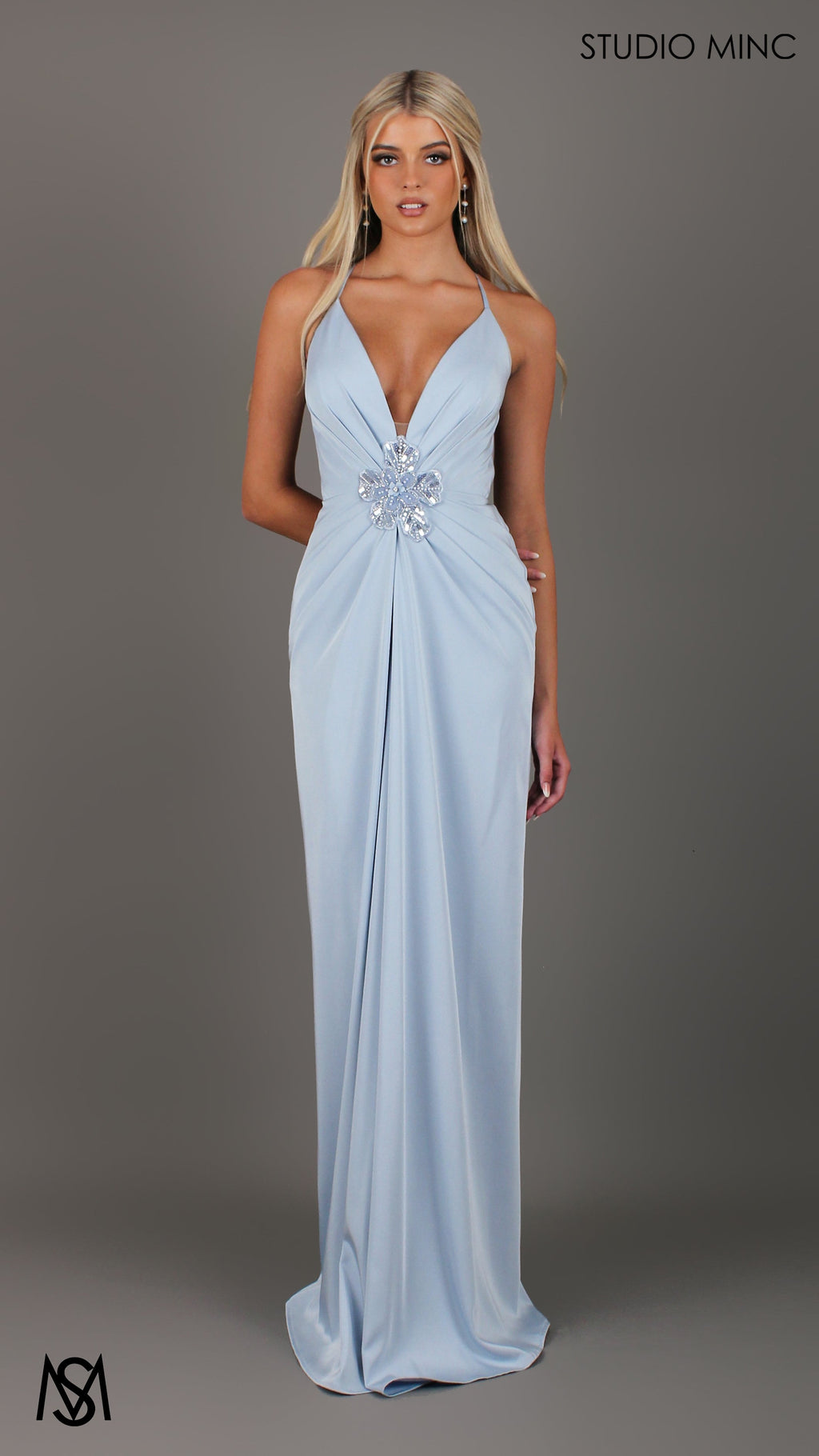 Bloom - Light Blue Formal dress | Plunge V neckline draping floral pearl detail