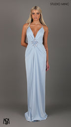 Bloom - Light Blue Formal dress | Plunge V neckline draping floral pearl detail