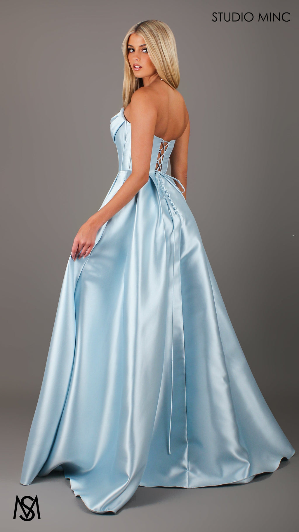 Honey - Light Blue formal Dress | Strapless corset pearl detail Mikado satin ball gown