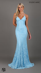 Jasmine - Light Blue formal dress | lace V neckline fitted mermaid lace up