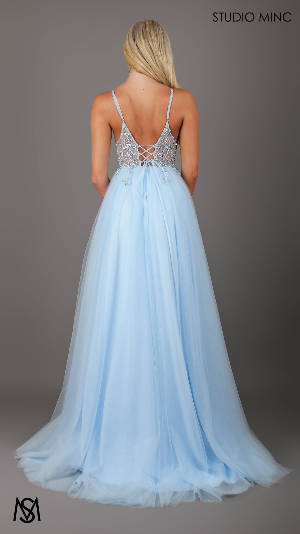 Lila - Light Blue Formal dress | Sheer Beaded floral V neckline tulle gown