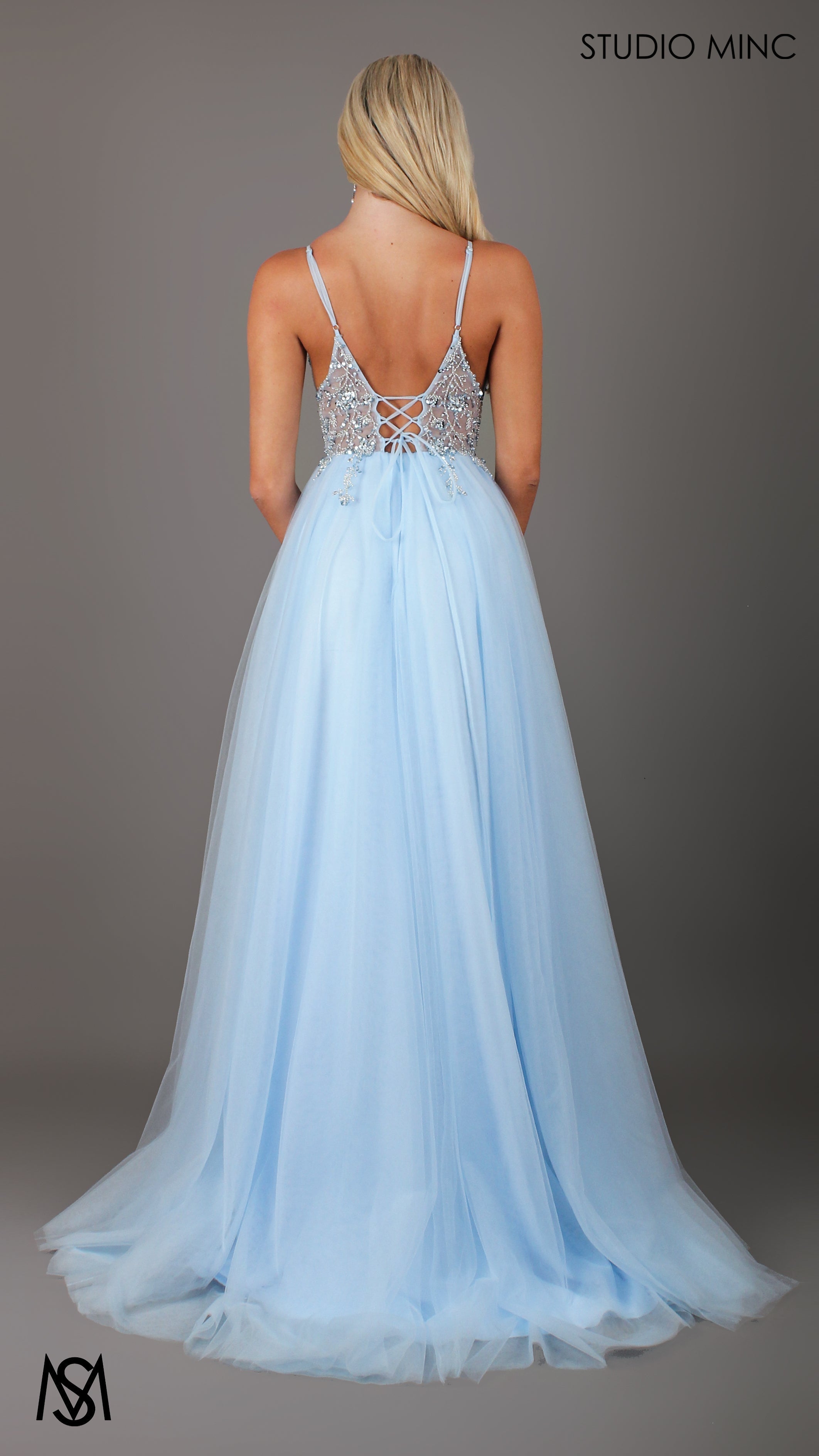 Lila - Light Blue Formal dress | Sheer Beaded floral V neckline tulle gown