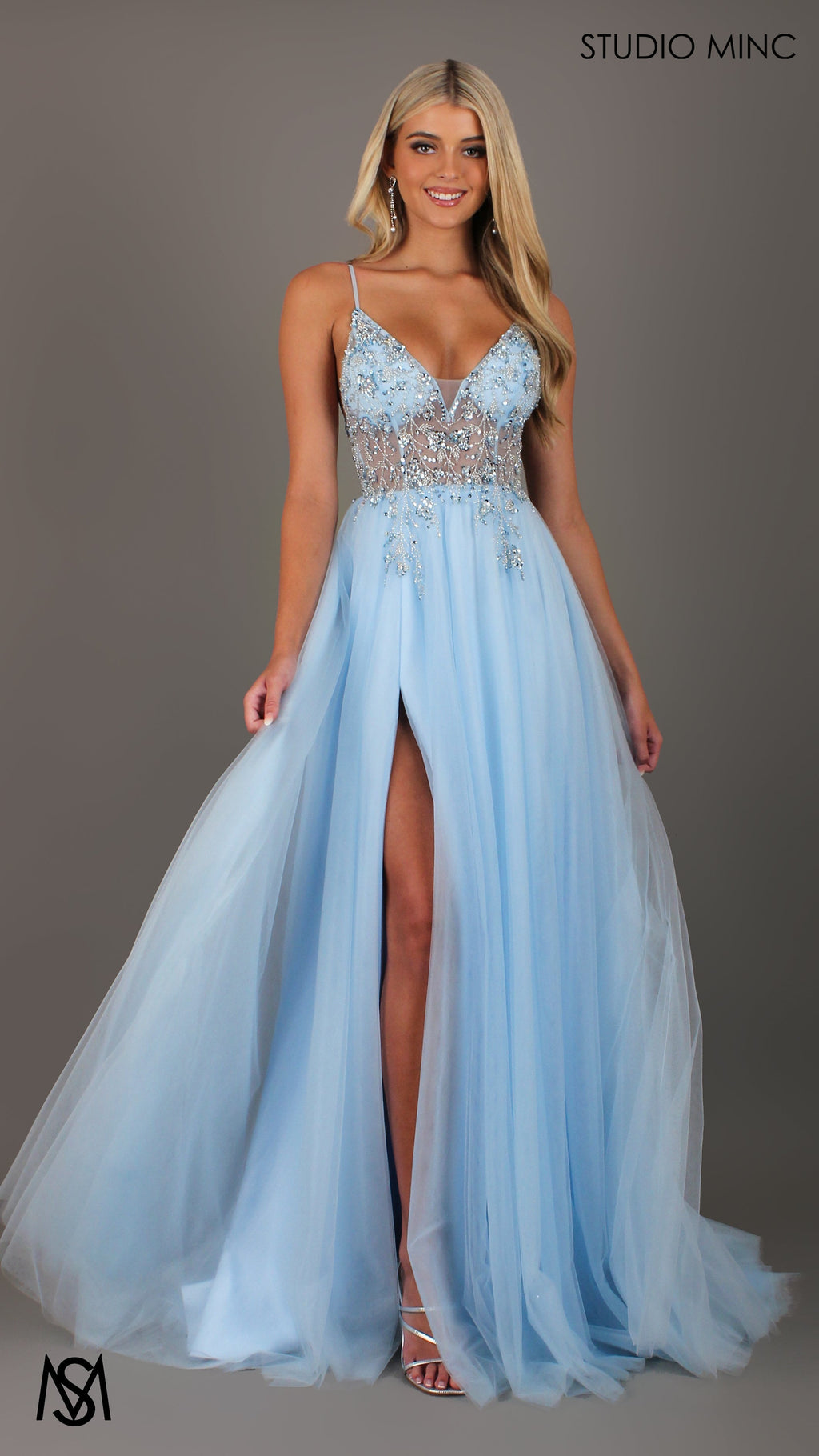 Lila - Light Blue Formal dress | Sheer Beaded floral V neckline tulle gown