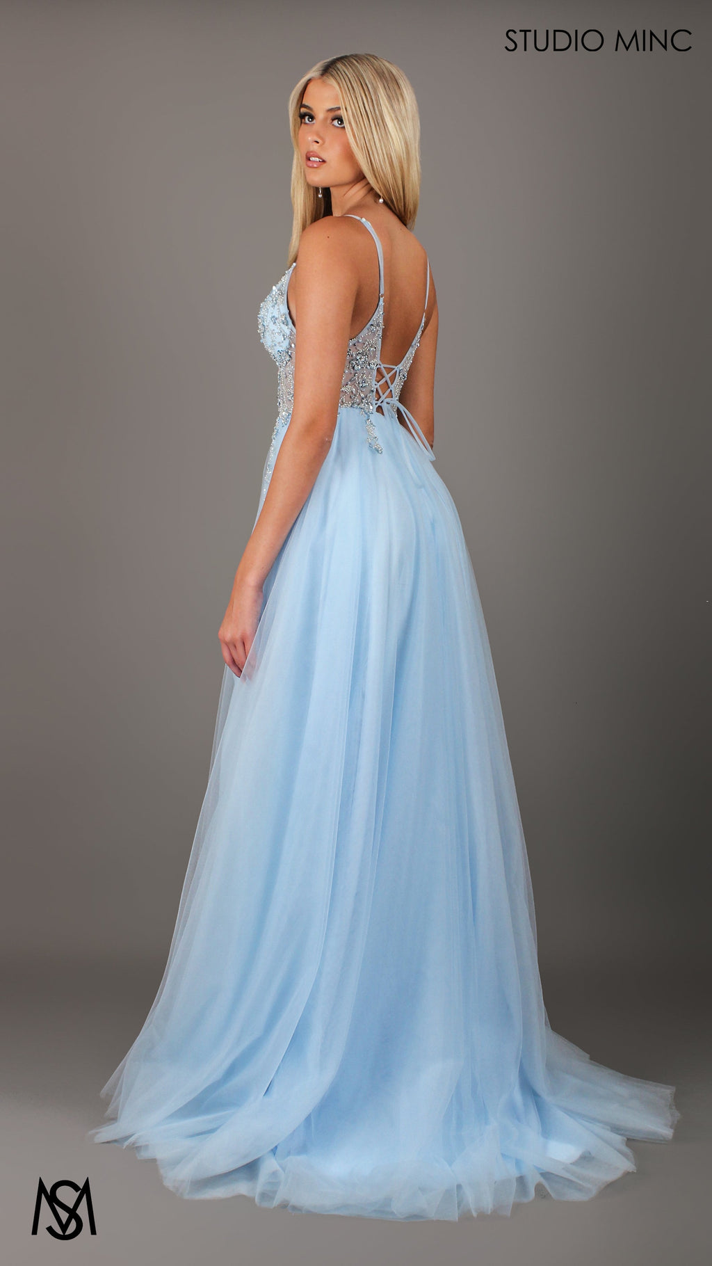 Lila - Light Blue Formal dress | Sheer Beaded floral V neckline tulle gown