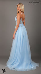 Lila - Light Blue Formal dress | Sheer Beaded floral V neckline tulle gown