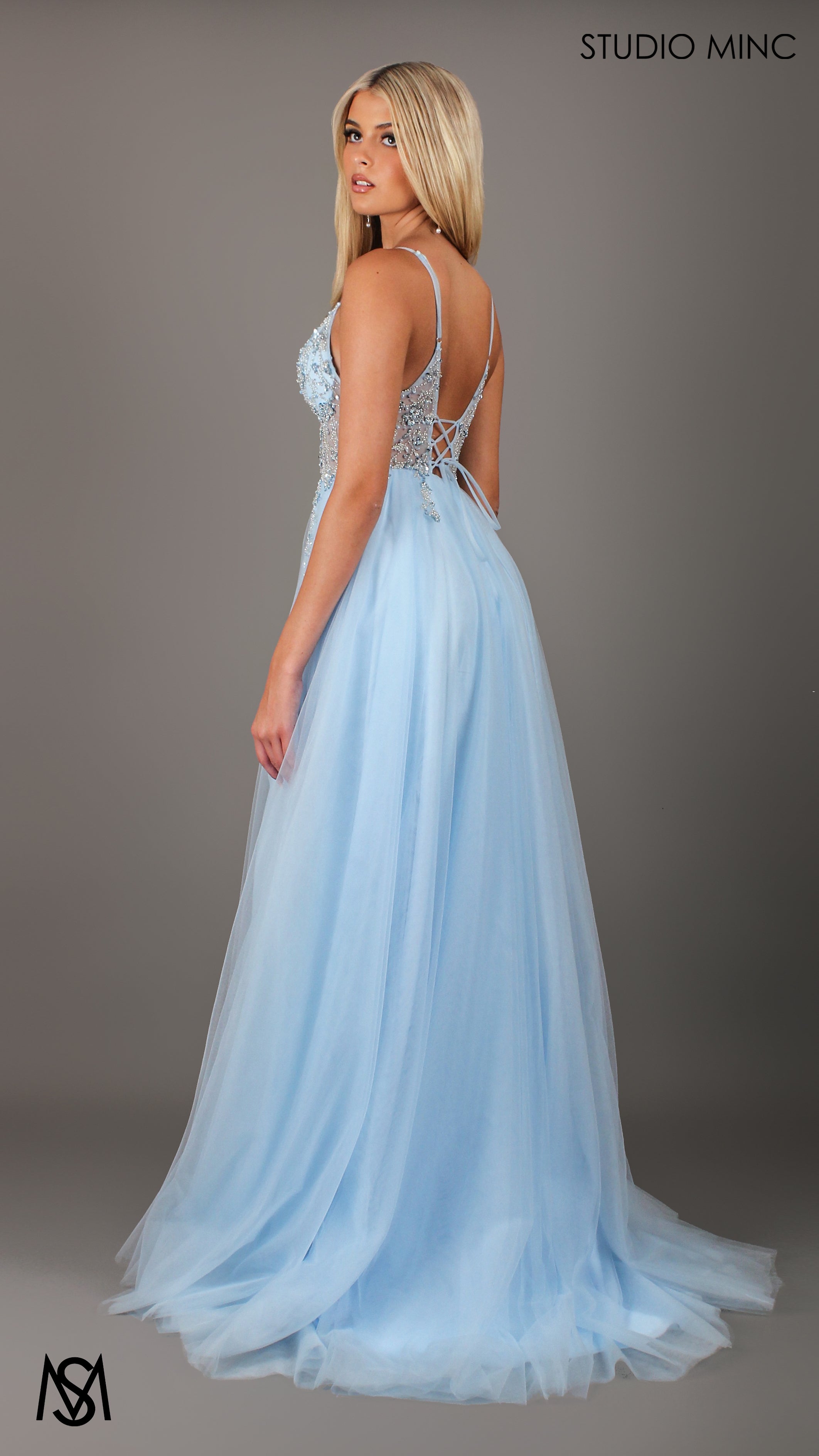 Lila - Light Blue Formal dress | Sheer Beaded floral V neckline tulle gown