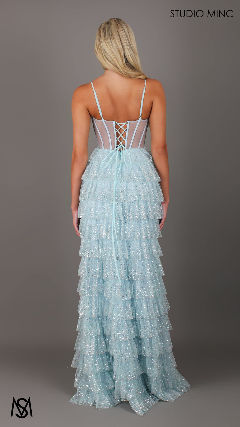 Maple - Light Blue Formal Dress | Sheer Corset layered glitter tulle leg slit