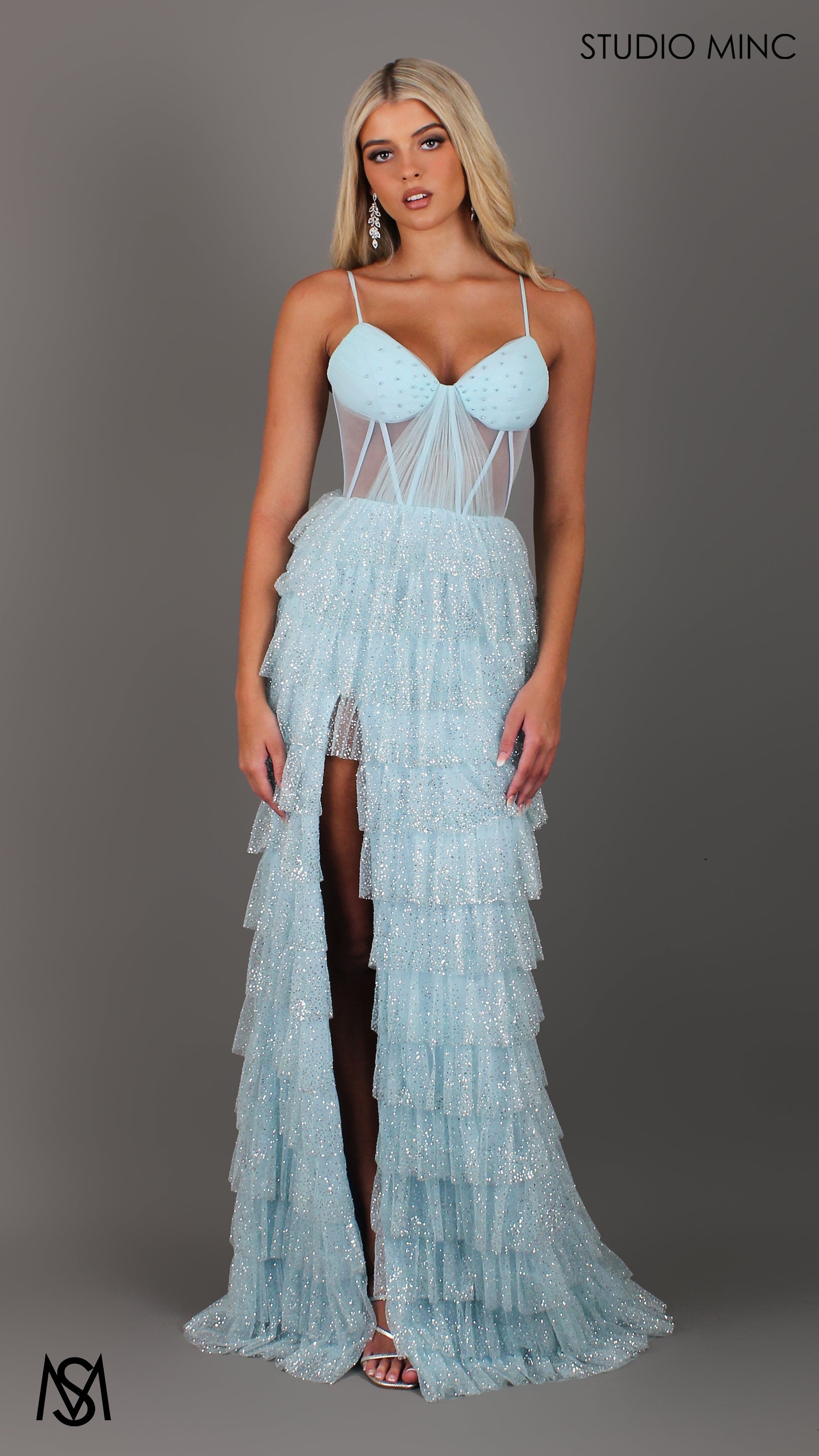 Maple - Light Blue Formal Dress | Sheer Corset layered glitter tulle leg slit