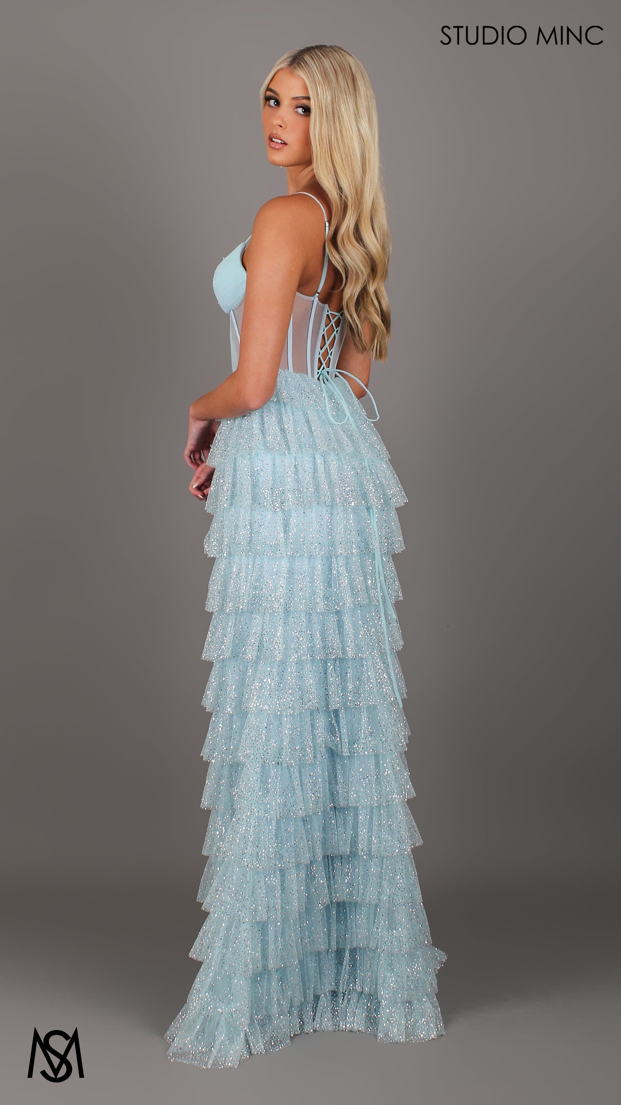 Maple - Light Blue Formal Dress | Sheer Corset layered glitter tulle leg slit