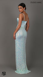Allure - Blue Formal Dress, Satin Bra Cup Corset, Sequin Fitted Skirt, Leg Split