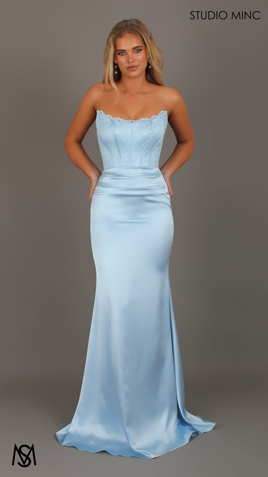 Bella - Light Blue Formal Dress, Strapless lace Corset, fitted pleated satin skirt