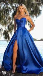 Capri - Cobalt Blue Formal Dress, satin strapless boned corset lace up gown pockets leg slit