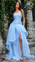 Daisy - Blue Formal Dress, Strapless Corset Drop-waist, organza layered handkerchief skirt, leg slit