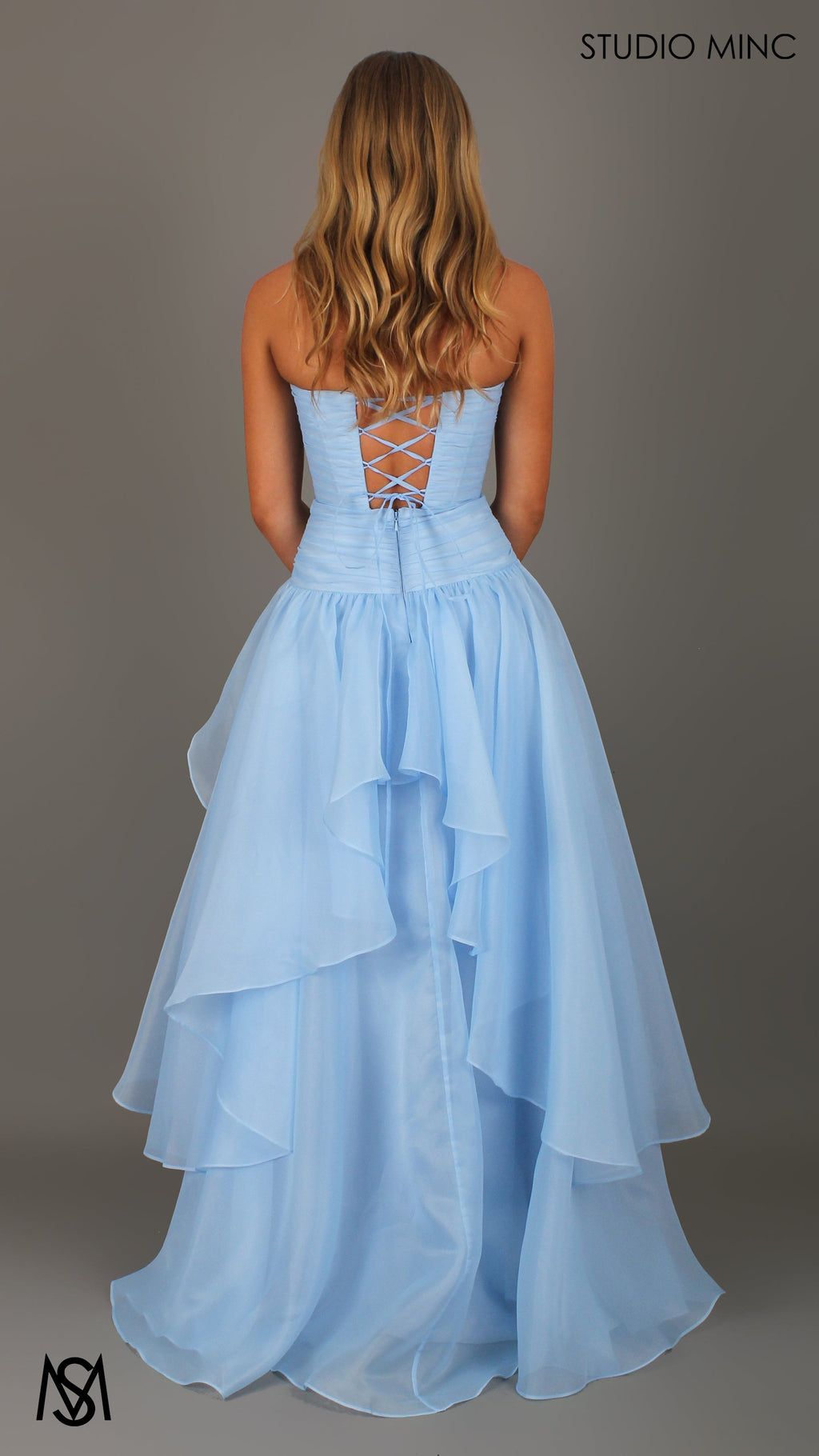 Daisy - Blue Formal Dress, Strapless Corset Drop-waist, organza layered handkerchief skirt, leg slit