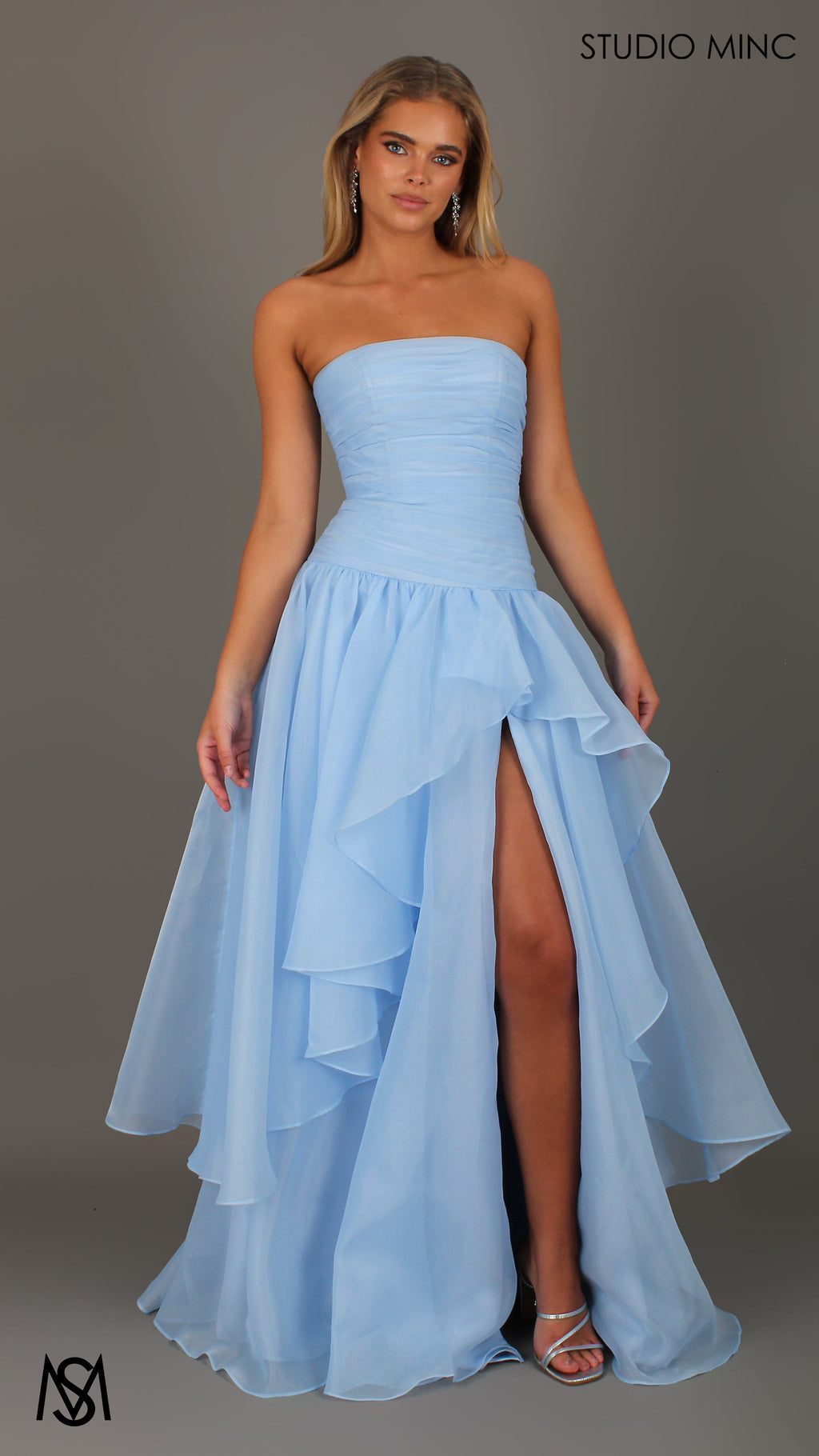 Daisy - Blue Formal Dress, Strapless Corset Drop-waist, organza layered handkerchief skirt, leg slit