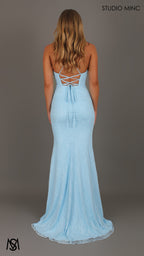 Fleur - Light Blue Formal Dress, Lace V neckline lace up backless, fitted high leg slit