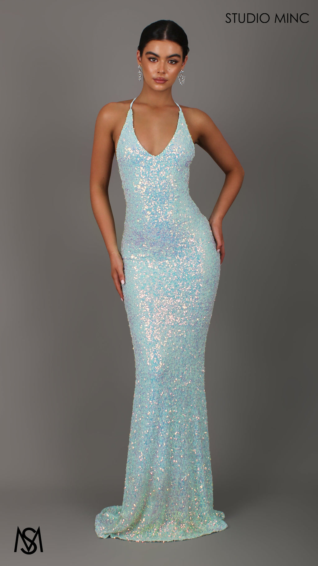 Mermaid Goddess - Frozen Blue Formal Dress, Sequin V Neckline Backless Fitted