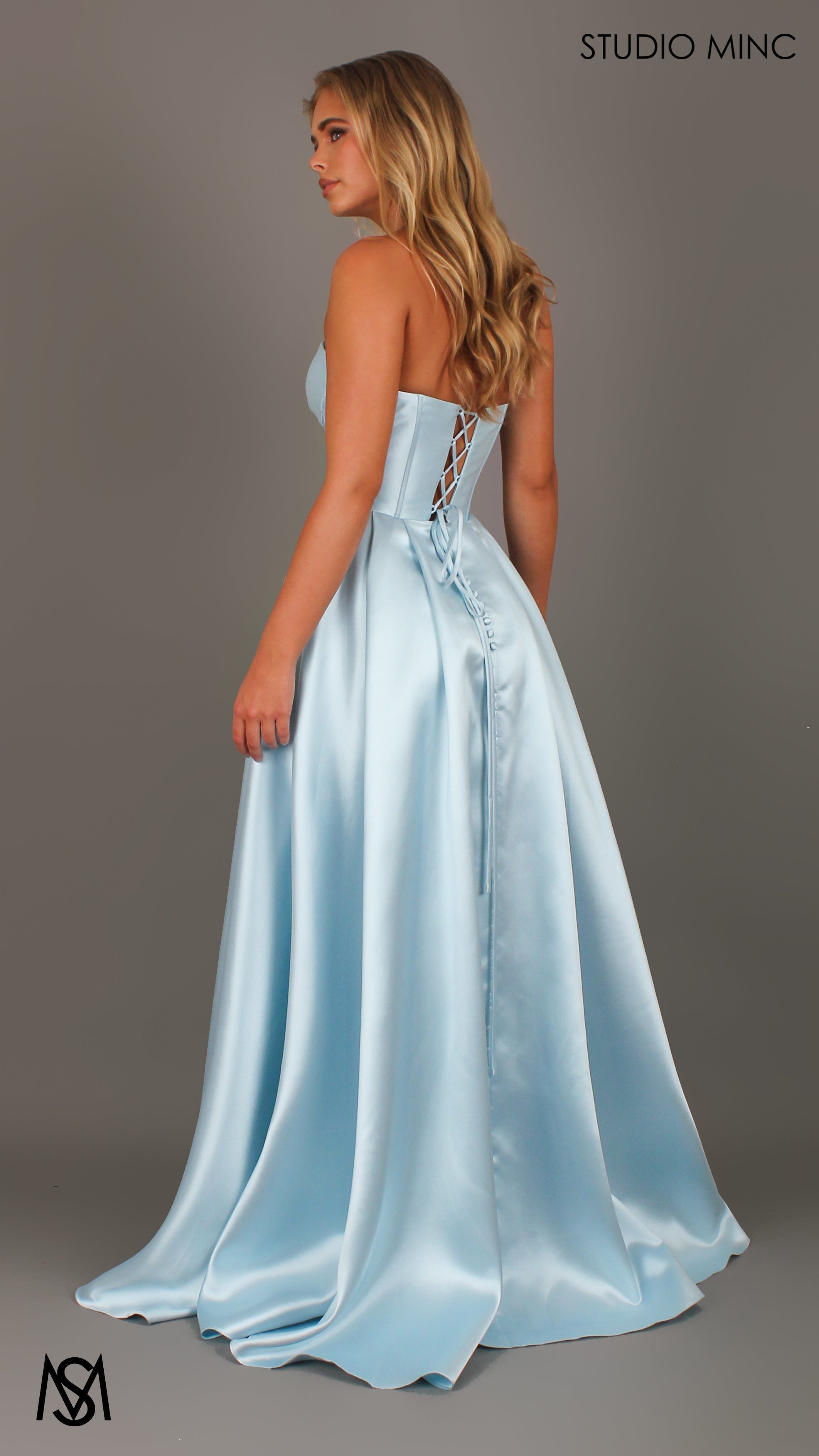 Madeleine - Light Blue formal Dress | Strapless twist corset Mikado satin ball gown