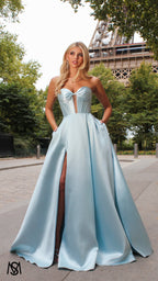 Madeleine - Light Blue formal Dress | Strapless twist corset Mikado satin ball gown