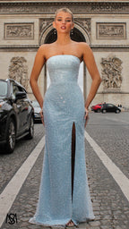 Merci - Light Blue Formal Dress, Strapless Corset Pearl and Sequin fitted leg slit