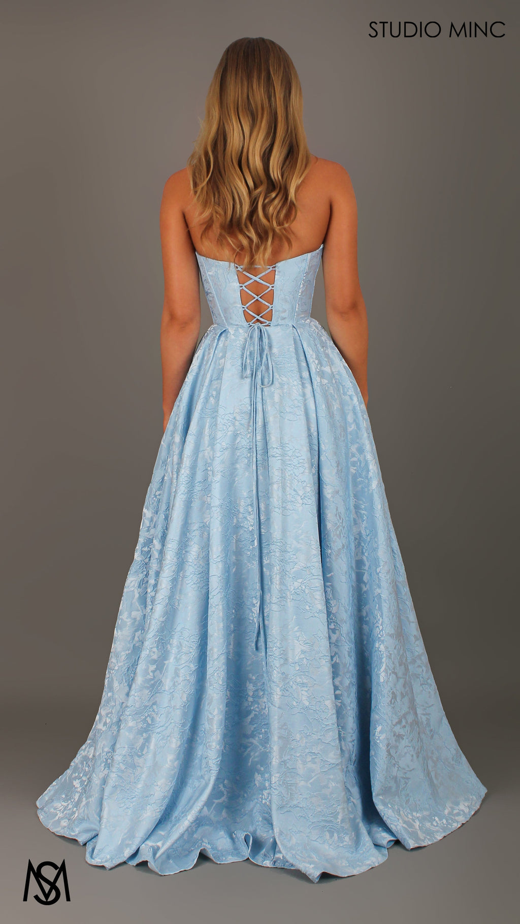 POSIE - Light Blue Formal Dress, Strapless Basque waist Corset, Bra Cups, Satin embossed floral Gown