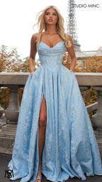POSIE - Light Blue Formal Dress, Strapless Basque waist Corset, Bra Cups, Satin embossed floral Gown