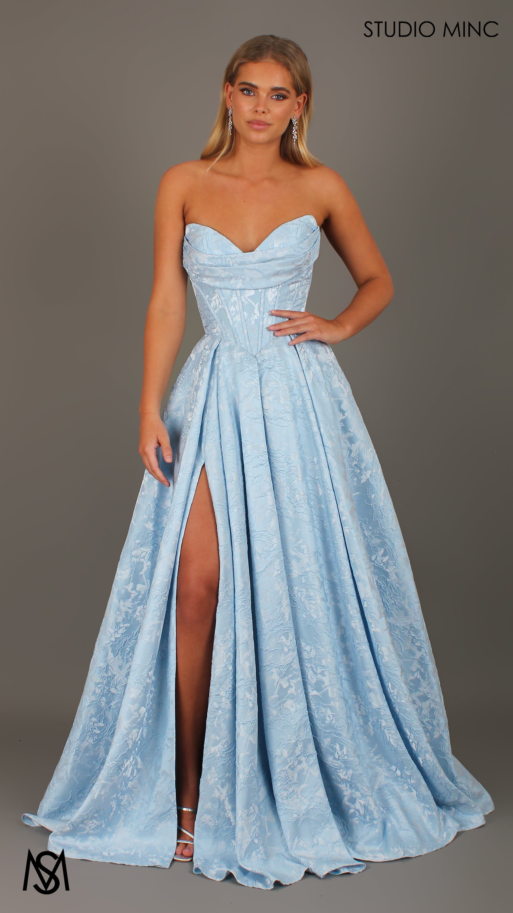 POSIE - Light Blue Formal Dress, Strapless Basque waist Corset, Bra Cups, Satin embossed floral Gown